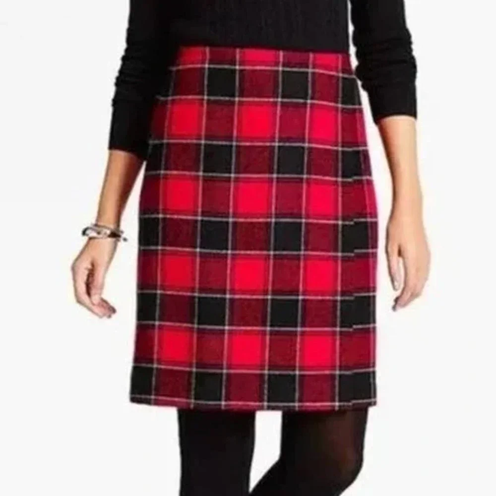 Talbots Plaid Faux Wrap A-Line Skirt Wool Blend Red Black Tartan Size 4P